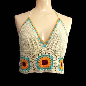Boho Granny Square Crochet Crop Top Tie Back Halter M/L Hippie Festival